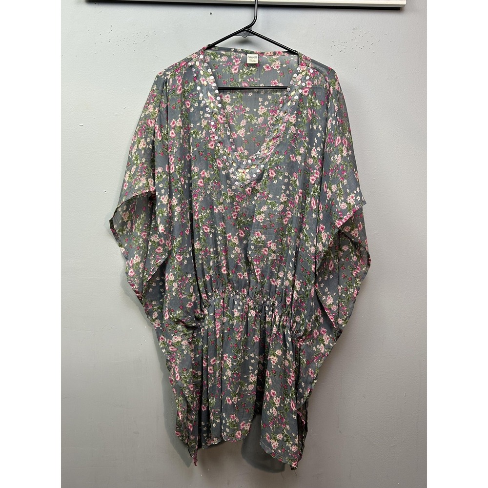 Highness Tunic Womens One Size Gray Floral Sheer Kaftan V Neck Embellished Boho